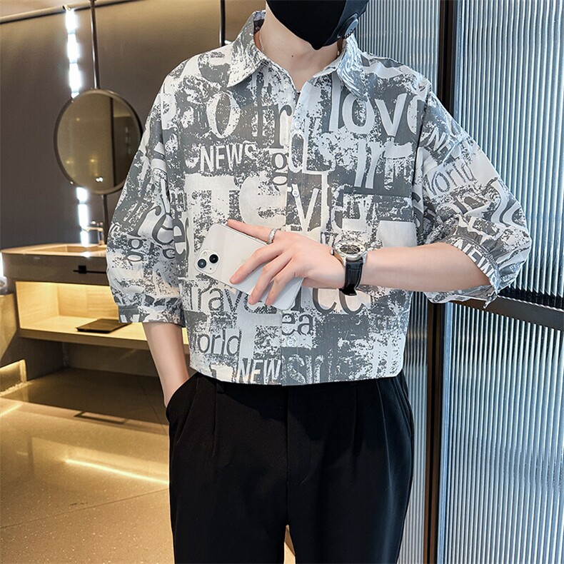 2025春季新款衬衫男士七分袖印花衬衫潮牌宽松上衣901C16P58,男装衬衫,星座901
