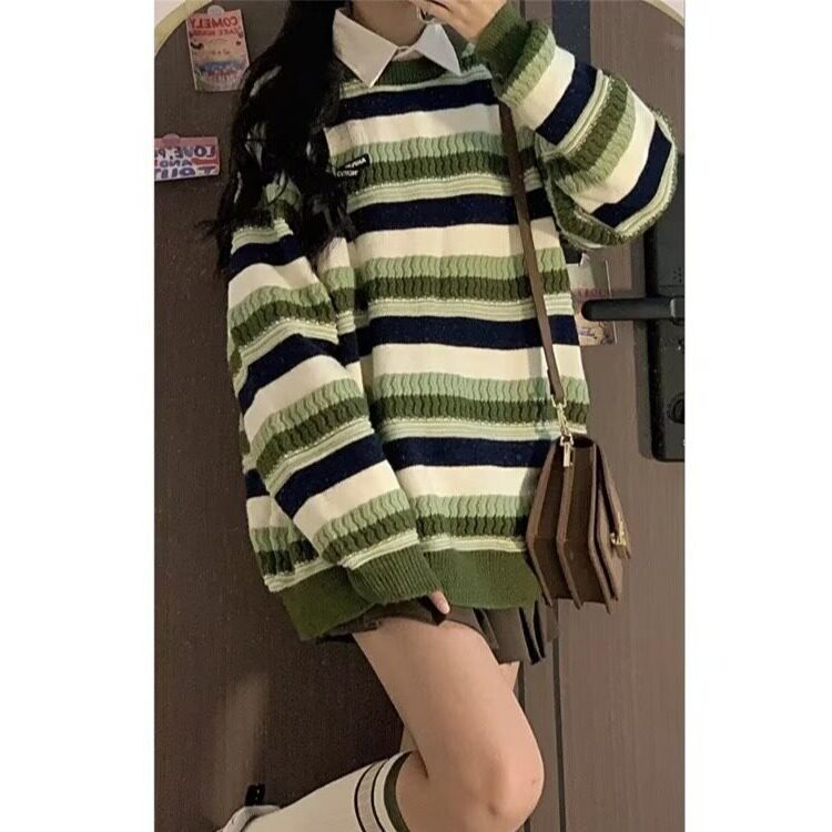 722-P43复古条纹毛衣女2025年秋冬新款慵懒风宽松保暖套头长袖,男装针织衫/毛衣,电商B323A
