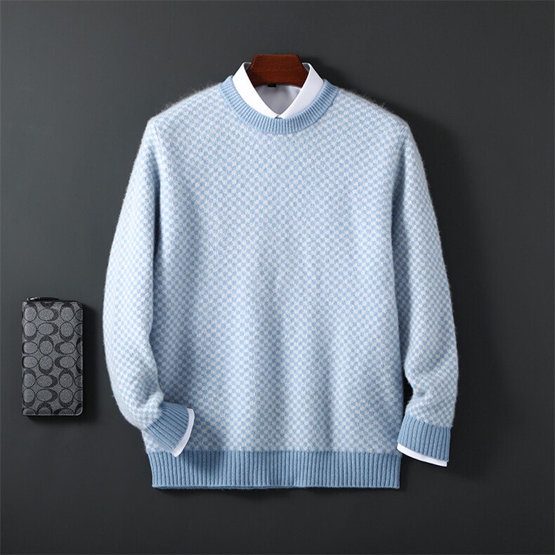 拼色加厚100%纯羊毛衫男圆领菱形格提花毛衣宽松针织羊绒衫上衣,男装羊毛衫,邓利维