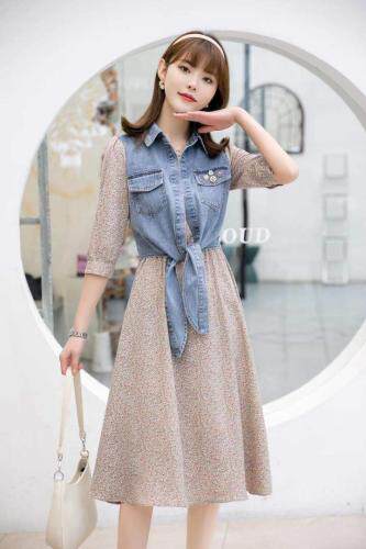 【现货】春季新款牛仔碎花连衣裙假两件淑女风，女装连衣裙，笑思源