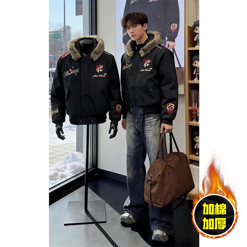 现货高品质美式高街重磅刺绣座山雕大毛毛领棉衣男女加厚棉服外套，男装棉衣，电商A486