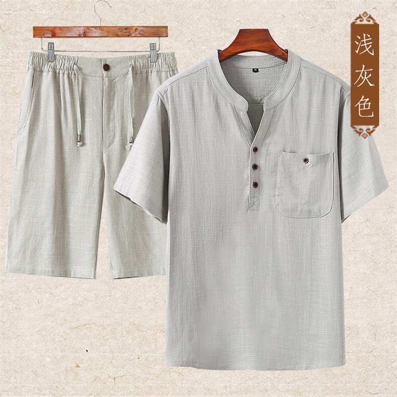 主推款高端夏季男士唐装中年棉麻套装中老年高品质亚麻短袖T恤,男装中老年男装,钱塘723