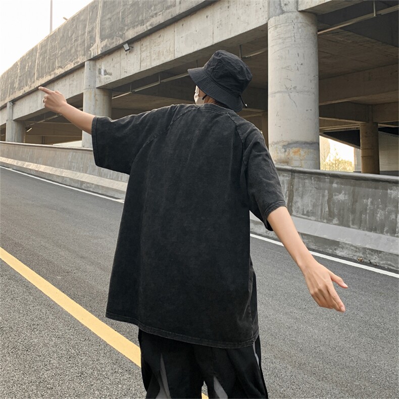 T024-P42美式280克纯棉水洗做旧拉链刺绣五分袖,男装T恤,星座1501-1