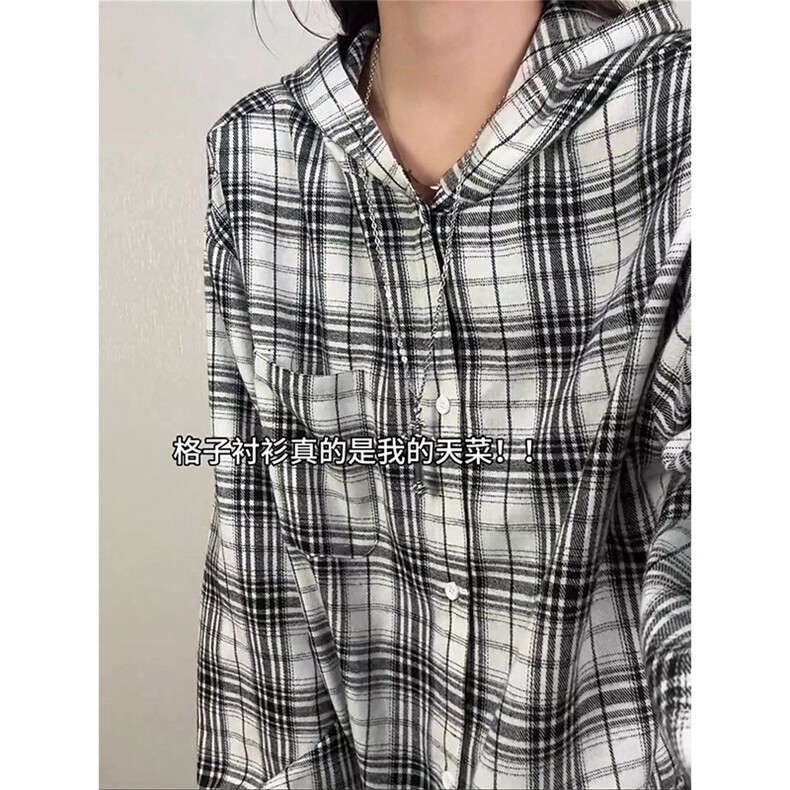 春季2026连帽格子衬衫美式撞色衬衣外套男女C64148-TP3568,男装衬衫,电商A102