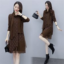 2020冬季新款蕾丝拼接网纱袖中长款加绒宽松打底连衣裙（配围巾)，女装连衣裙，安之芮娜