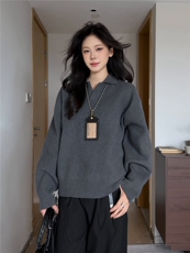 网图现货900克高密老钱风小翻领毛衣男女宽松POLO领针织衫特P58，男装Polo衫，电商C306-1
