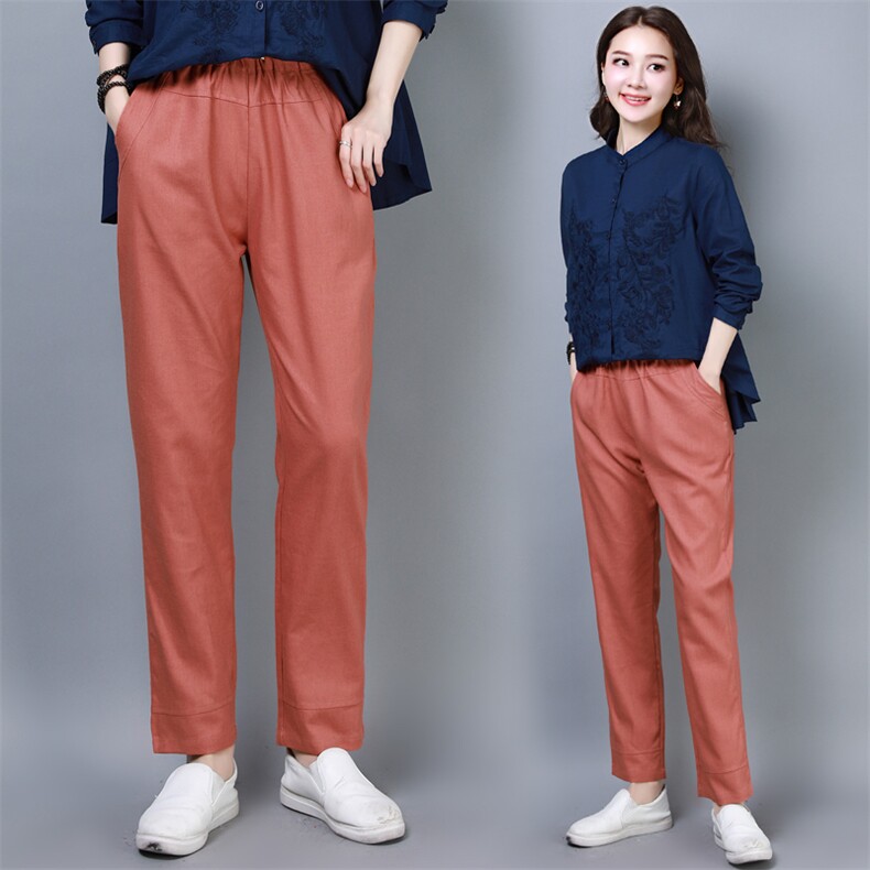 休闲棉麻女裤哈伦裤大码宽松九分裤高腰弹力小脚裤女夏，女装连体裤，奕阳依阁