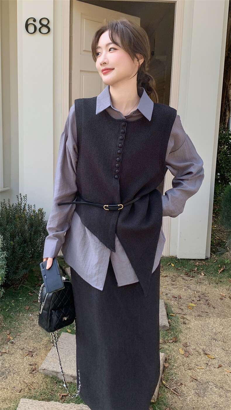 设计感衬衫马甲时尚套装女2025春季新款轻奢高级感半身裙三件套装,女装套装/套裙,2C051