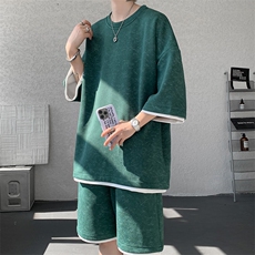 TZ775-特P50控88新款撞色拼接假2件套装短袖短裤T恤大码百搭，男装休闲套装，电商A059