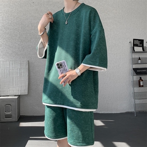 TZ775-特P50 控88 新款撞色拼接假2件套装短袖短裤T恤大码百搭图片