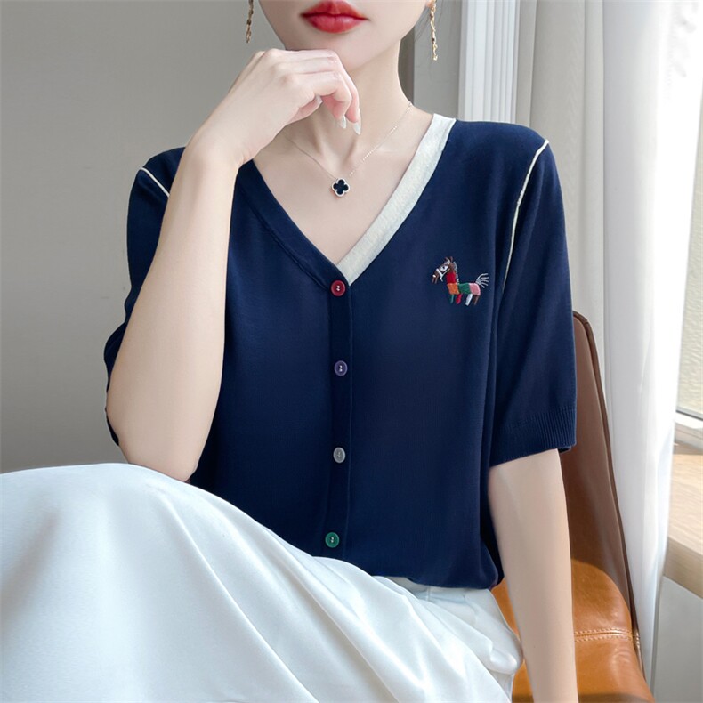 撞色冰丝针织短袖T恤女开衫上衣2025夏薄透气拼色洋气刺绣小衫t恤,针织衫/毛衣,九嘉羊绒
