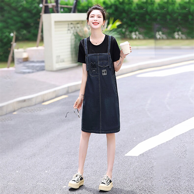 夏季新款时尚休闲背带裙子洋气收腰显瘦小个子假两件牛仔连衣裙女,女装连衣裙,心心服饰