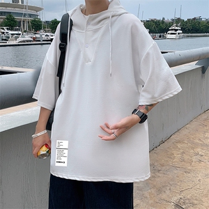 LD54045-P45 连帽短袖t恤男大码胖子带帽五分袖中袖图片