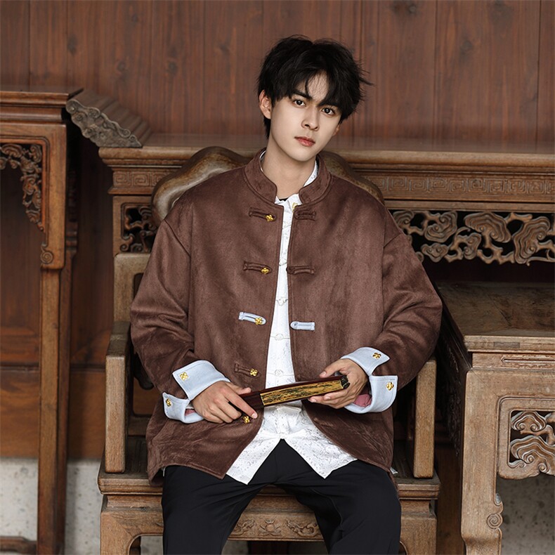 秋冬新品风鹿皮绒拼色四叶草金属扣立领唐装加厚外套JK109，男装民族服装，星座305A（原312A-1）