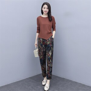2025春装休闲套头针织长袖花色修身长裤套装套裤，女装套装/套裙，施恩睿棋