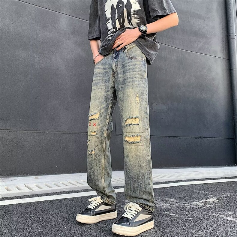 美式破洞牛仔裤男士宽松高街刺绣补丁做旧阔腿直筒长裤,男装牛仔裤,星座410-7