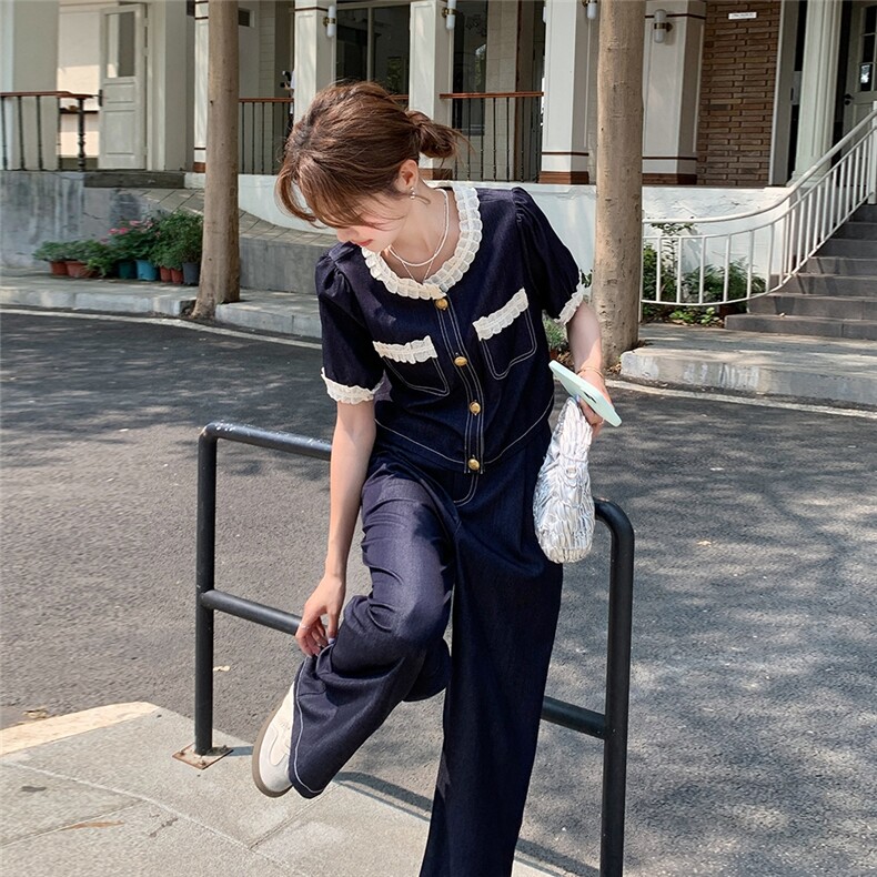 蓝色短袖牛仔套装女2025夏季新款今年流行穿搭一整套装长裤两件套,女装套装/套裙,2C129
