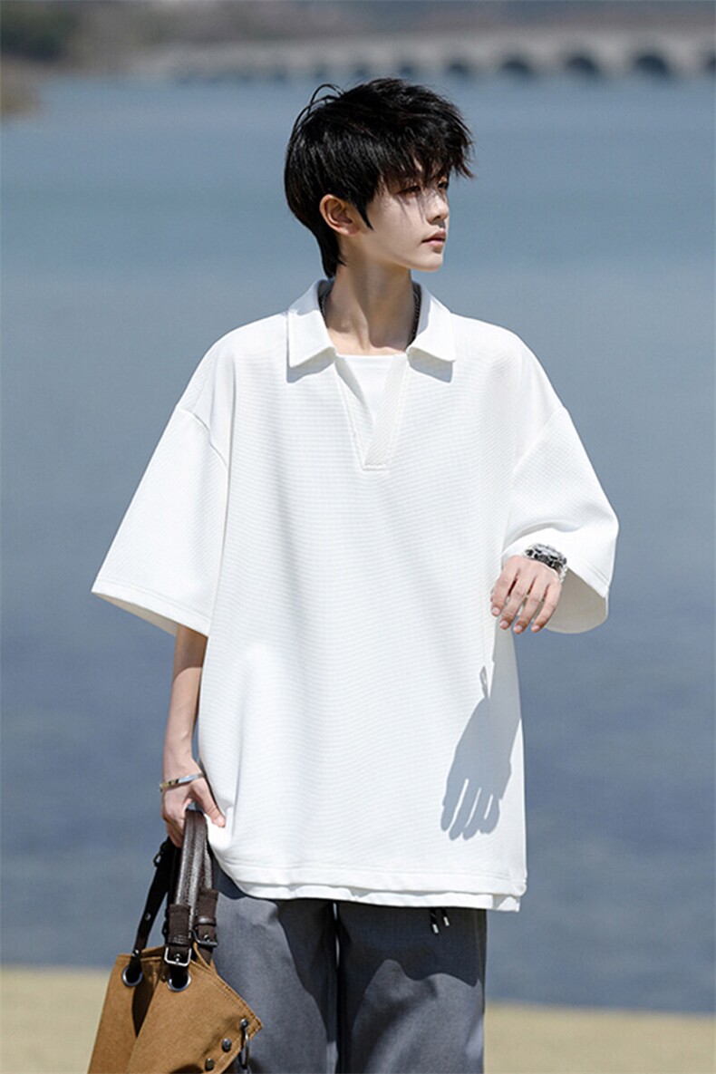 8XL-M假两件V领短袖t恤男夏翻领半袖宽松重磅华夫格大码DT001P40,男装T恤,电商B312