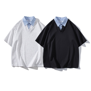 美式复古短袖polo衫男夏季高街潮牌衬衫领上衣落肩袖宽松休闲T恤图片