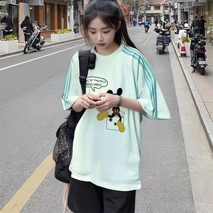 抖音得物品质二开240克宽松纯棉美式潮牌印花三条杠中性风短袖T恤图片