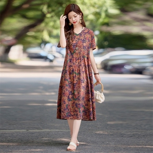 时尚休闲印花棉麻短袖连衣裙女2025夏新款简约宽松复古文艺风裙子图片