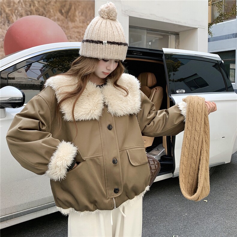 工装派克服女冬季小个子2025年新款高级感大毛领加绒加厚机车棉服,女装棉衣/棉服,2C166