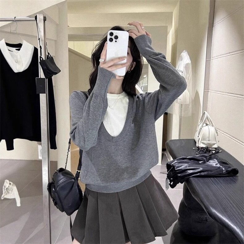 2025年秋季常规款圆领假两件套时尚百搭通勤简约，女装针织衫/毛衣，恒旺羊绒