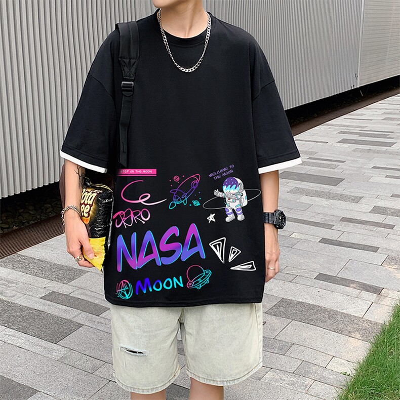反光太空人短袖T恤男潮牌ins夏季假两件衣服潮流宽松半袖美式复古图片