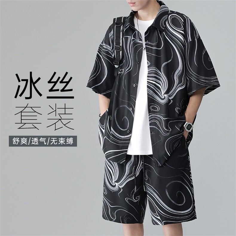 夏季大码潮流凉感冰丝短袖衬衫短裤男薄款透气两件套装TZ091-P60图片
