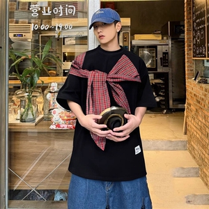 拼接格子布装饰 高品质260克双纱纯棉美式高街短袖T恤 特P35图片
