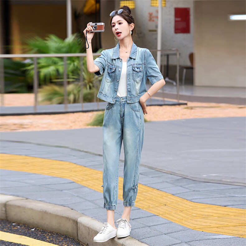 今年流行牛仔套装女夏季薄款短袖2025新款时尚洋气高端休闲两件套,女装套装/套裙,意芙
