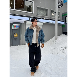 2网图裁片拼接座山雕水洗牛仔棉服短款飞行员外套HWH97-特P128图片