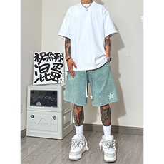 港风纯棉320G重磅水洗做旧发泡印花短裤A014-DY25088-P40控58，男装牛仔裤，电商A014