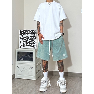 港风 纯棉320G重磅水洗做旧发泡印花短裤A014-DY25088-P40控58图片