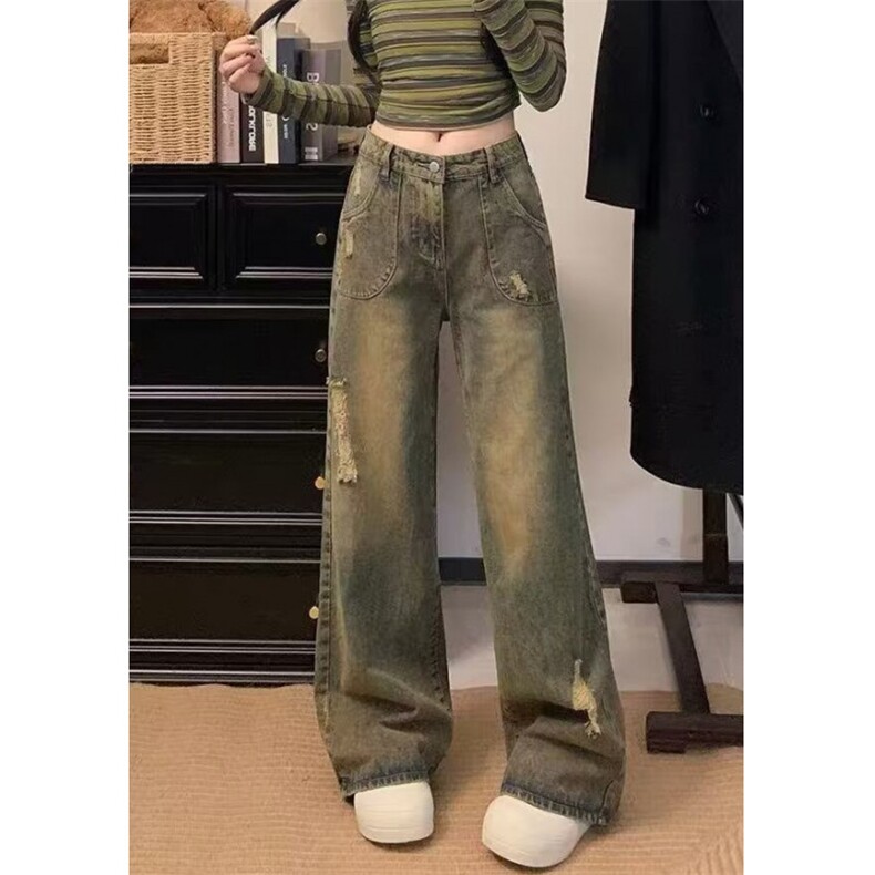 废土风脏色破洞牛仔裤女美式复古设计感百搭小众阔腿裤N163,男装牛仔裤,星座1116A（原606A-3）