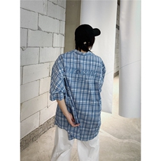 C316CS8333P68夏季新款格子撞色小清新蓝色刺绣短袖衬衫宽松，男装T恤，电商C316