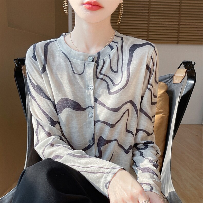 圆领新款针织女长袖花色简约百搭宽松开衫上衣,针织衫/毛衣,绒宛羊绒