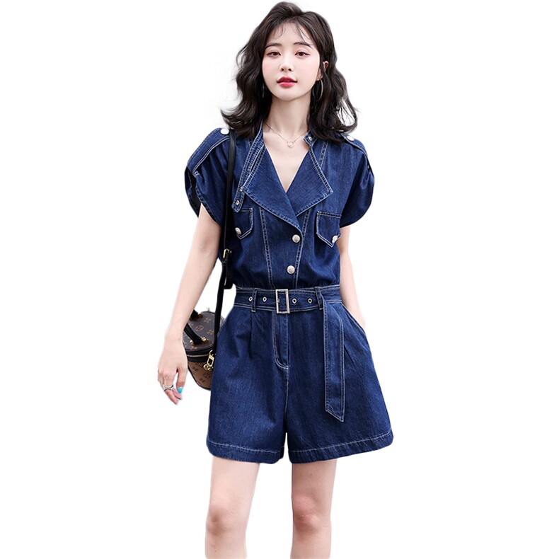 牛仔连体裤女夏季薄款2024年新款设计感小众收腰显瘦阔腿连衣短裤,女装连体裤,E百度