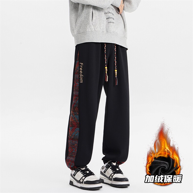 8XL-M民族拼接刺绣束脚卫裤男冬加绒加厚大码运动裤KZ024P45图片