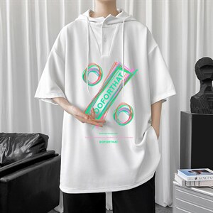 LD54171-P45 连帽短袖t恤男大码胖子带帽五分袖中袖图片