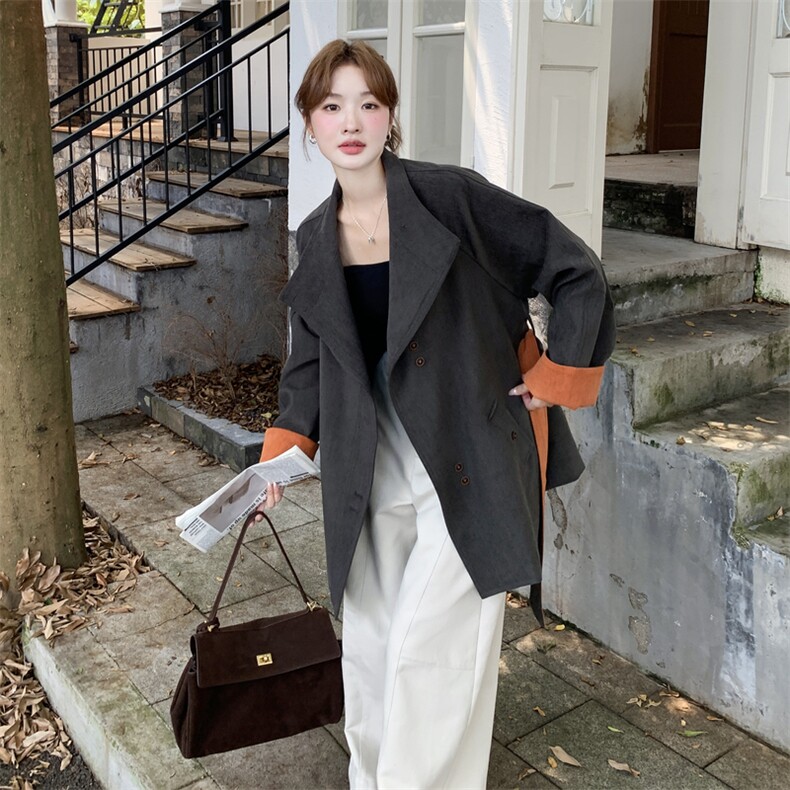 英伦风灰色中长款立领风衣女2025春秋季新款系带收腰气质通勤外套,女装短外套,2C305