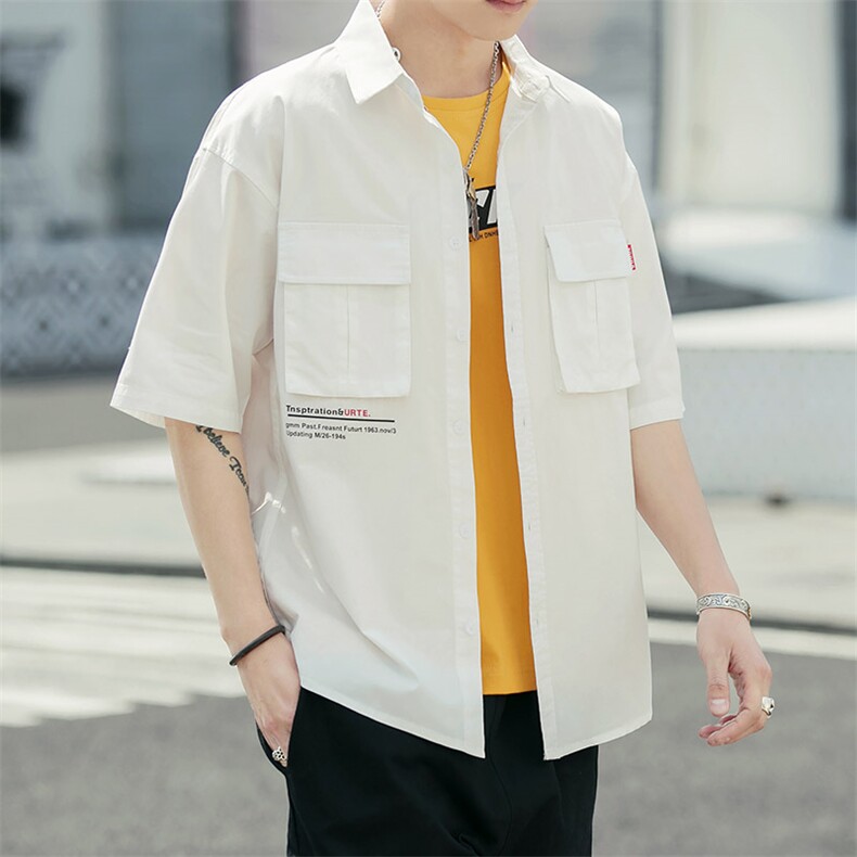 100%棉 2021夏装新款印花短袖衬衫中袖五分袖潮款男衬衣CS033图片