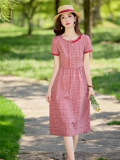 淑女风格纹连衣裙女春夏收腰显瘦中长裙格子裙子，女装连衣裙，水衣源