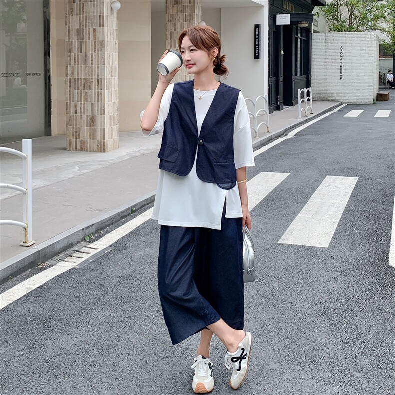 休闲减龄牛仔马甲阔腿裤套装女夏季2025新款ootd穿搭小个子两件套,女装套装/套裙,2C271