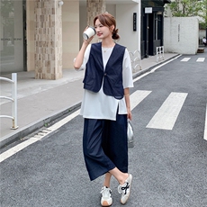 休闲减龄牛仔马甲阔腿裤套装女夏季2025新款ootd穿搭小个子两件套，女装套装/套裙，2C271