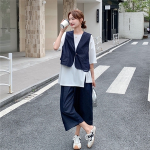休闲减龄牛仔马甲阔腿裤套装女夏季2025新款ootd穿搭小个子两件套图片