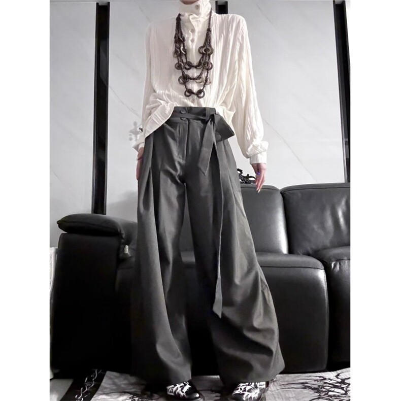 复古拼接设计山本耀司风绑带垂感高级微喇叭西裤黑色长裤，男装西裤，星座506A