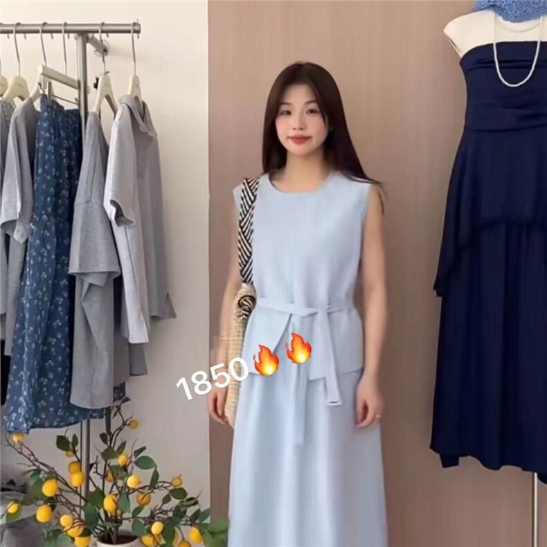 夏季新款两件套连衣裙女韩版设计感无袖上衣收腰显瘦中长裙子,女装连衣裙,雅鹿