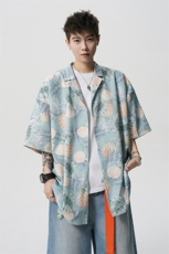 8XL-M冰丝凉感衬衣垂感透气复古花纹宽松男五分袖短袖衬衫CS526，男装衬衫，电商D206-1