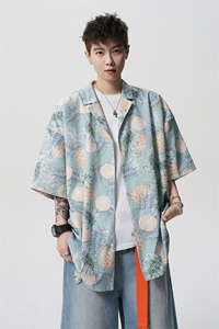 8XL-M 冰丝凉感衬衣垂感透气复古花纹宽松男五分袖短袖衬衫CS526图片